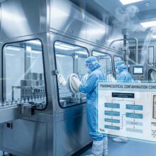 A sterile cleanroom aseptic line, gowned operators, and a floating contamination strategy risk map.