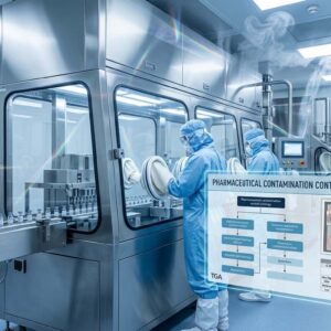 A sterile cleanroom aseptic line, gowned operators, and a floating contamination strategy risk map.