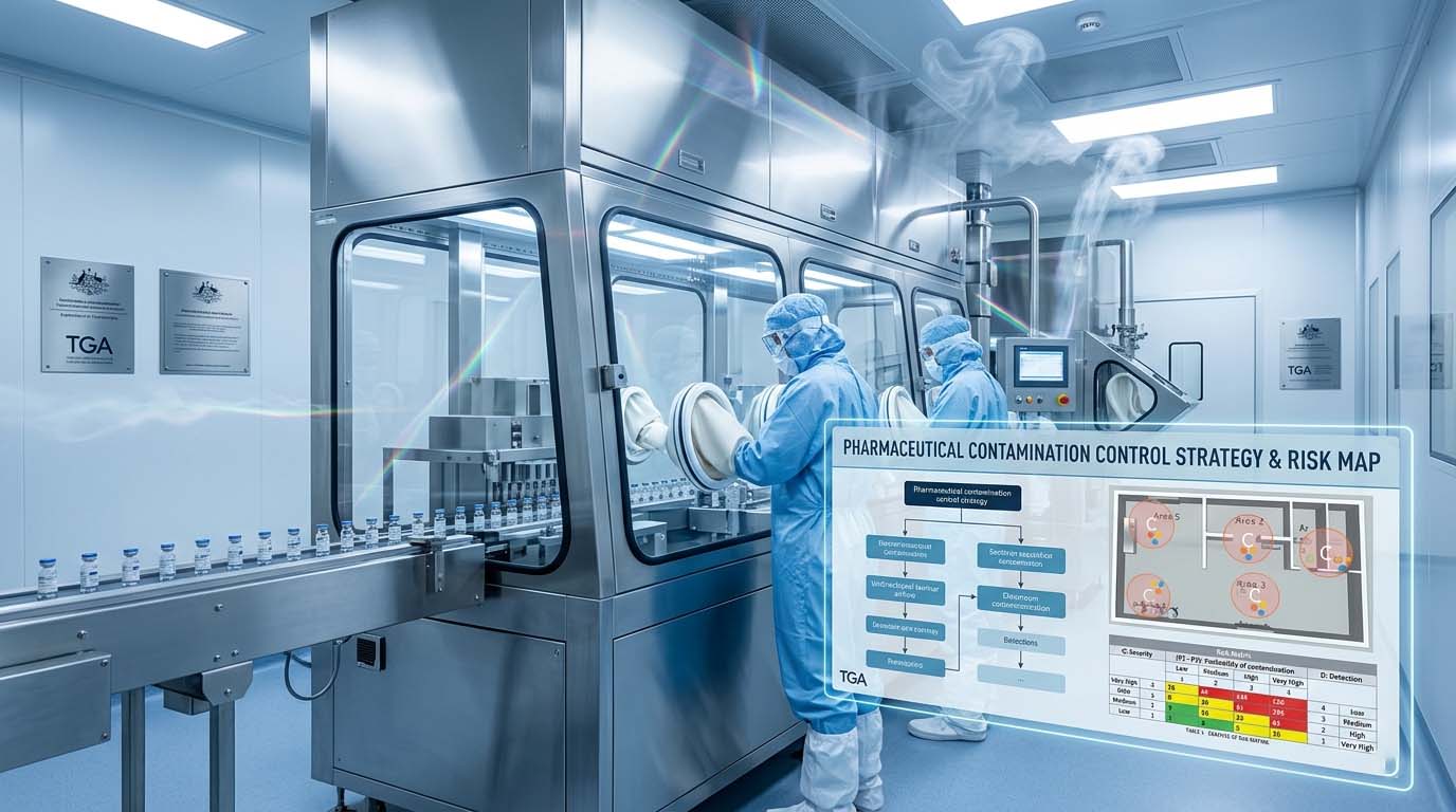 A sterile cleanroom aseptic line, gowned operators, and a floating contamination strategy risk map.