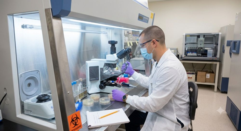 Researcher performing aseptic laboratory work inside a Class II biological safety cabinet.