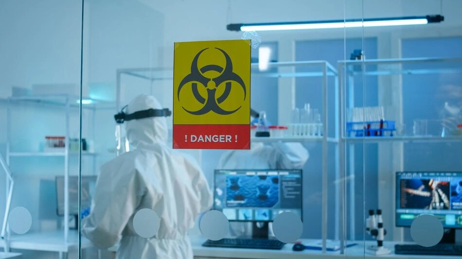 Technician in full PPE conducting biological safety cabinet testing inside a sterile containment laboratory