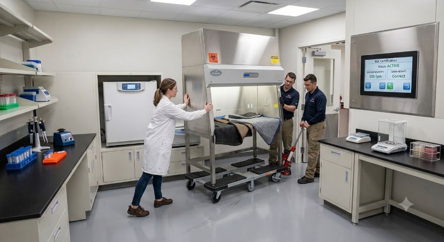 Technicians positioning a biological safety cabinet from LAF Technologies in an Australian laboratory facility