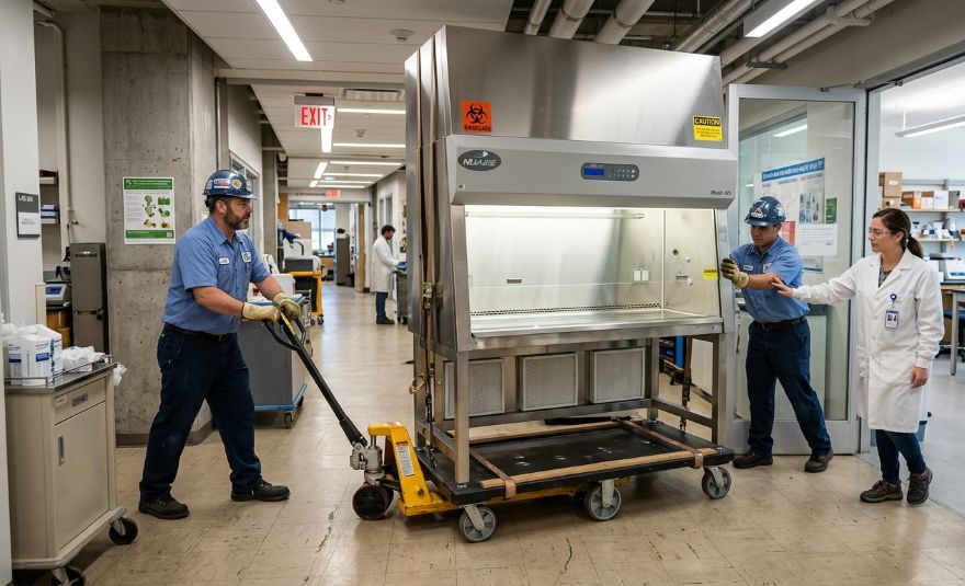 Two persons relocating a biological safety cabinet sourced from LAF Technologies in Australia