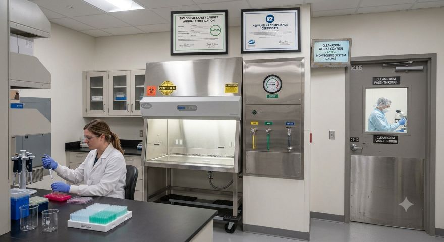 Laboratory technician conducting pipetting work near a certified biosafety cabinet from LAF Technologies in Australia